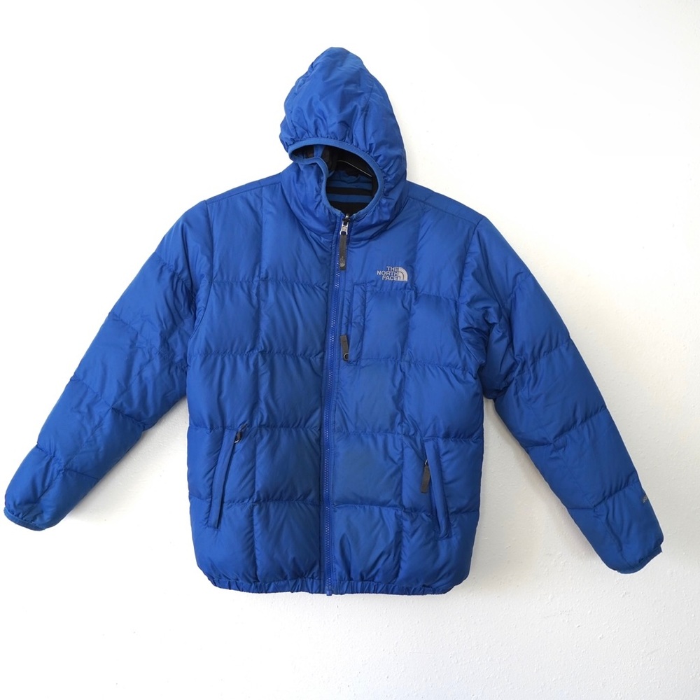 The Northface 550 Y Boys 14/16 Puffer Jacket Full Zip Hood Blue Reversible - Picture 8 of 11
